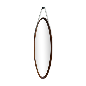Vintage hanging oval mirror in teak Italian design