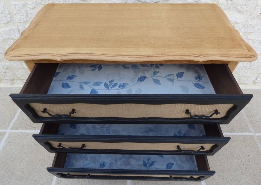 Solid wood 3 drawer chest of drawers in natural and black wood with drawer