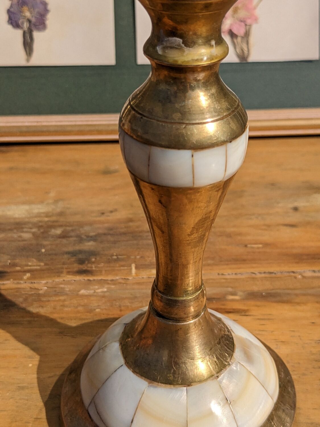 Brass and mother-of-pearl candle holder