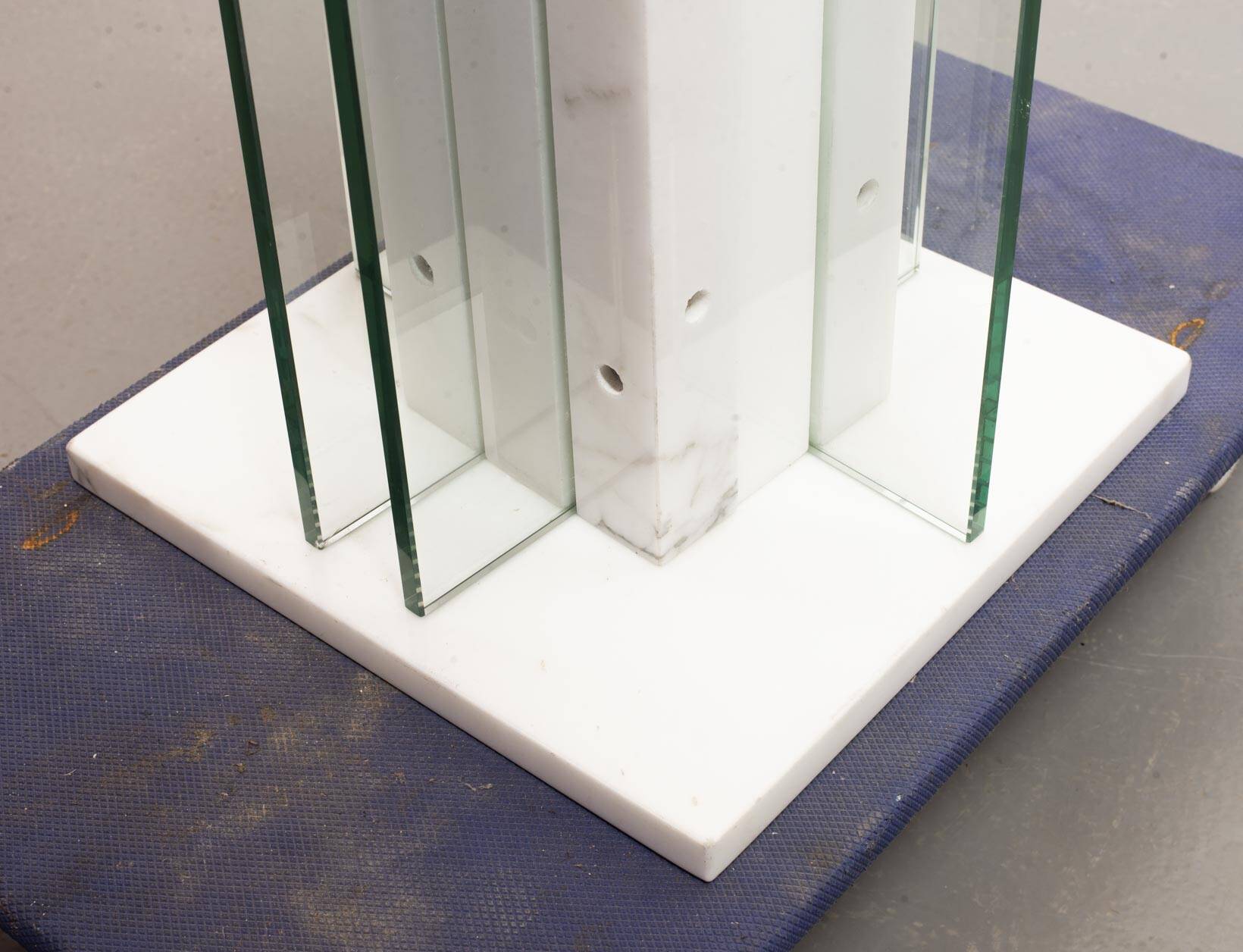 White Marble Italian Square Side Table with Glass Top and Lighting Option