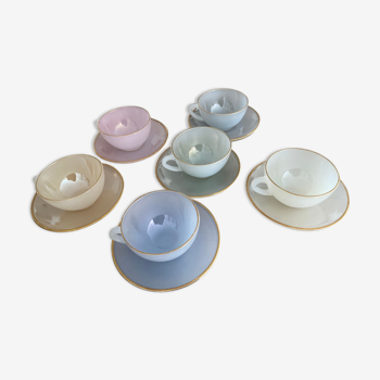 Coffee or tea cups and under cups Arcopal Harlequin pastel opaline