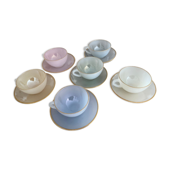 Coffee or tea cups and under cups Arcopal Harlequin pastel opaline