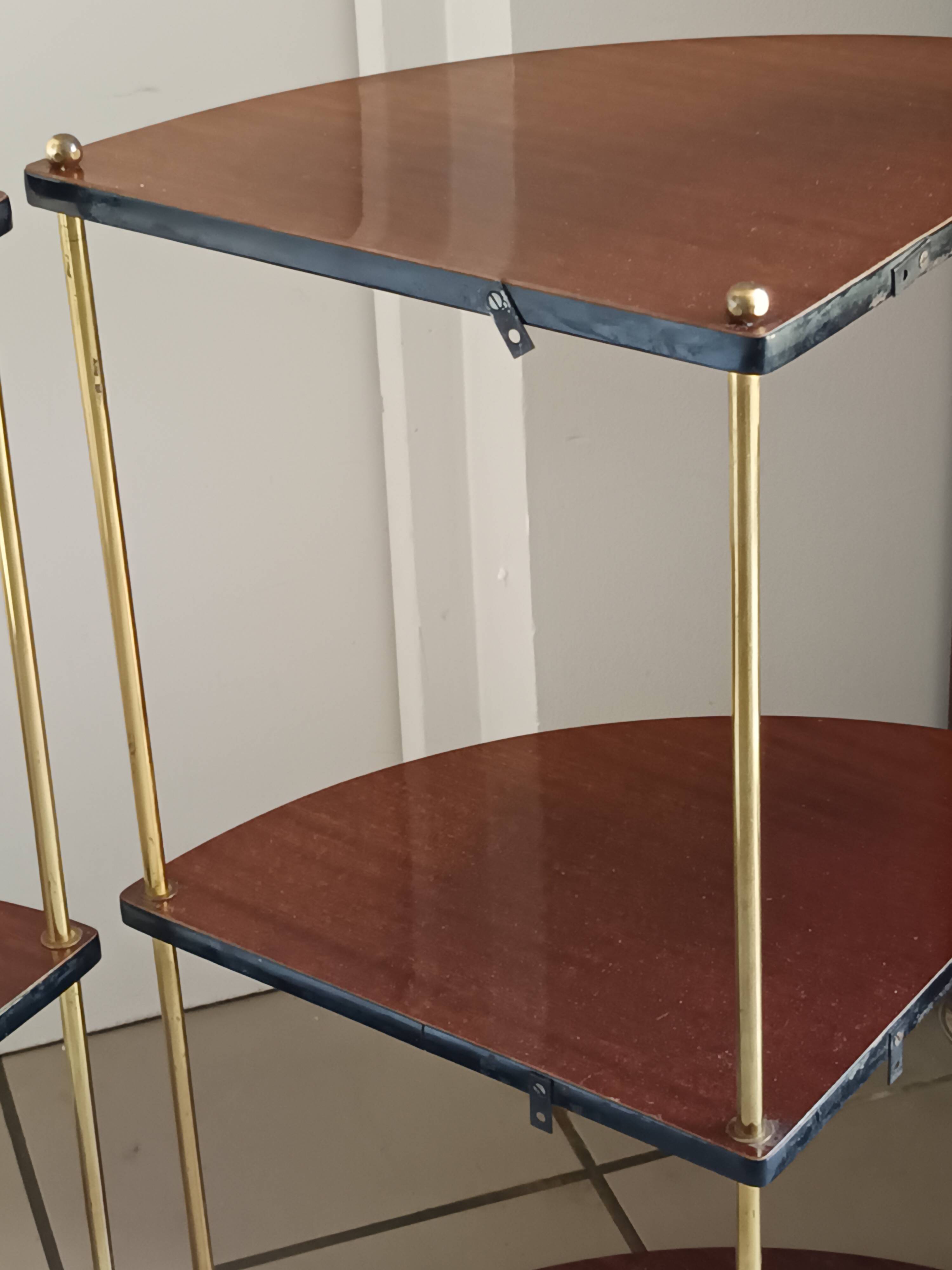 Pair of vintage corner shelves in wood and gold metal, 1960s