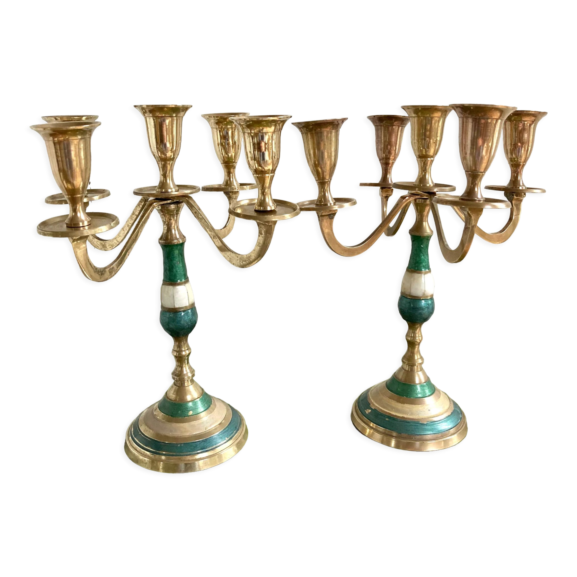Pair of candlesticks brass and mother-of-pearl candlesticks