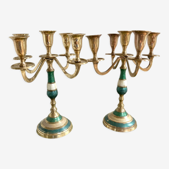 Pair of candlesticks brass and mother-of-pearl candlesticks