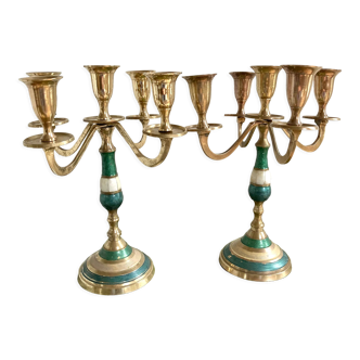 Pair of candlesticks brass and mother-of-pearl candlesticks