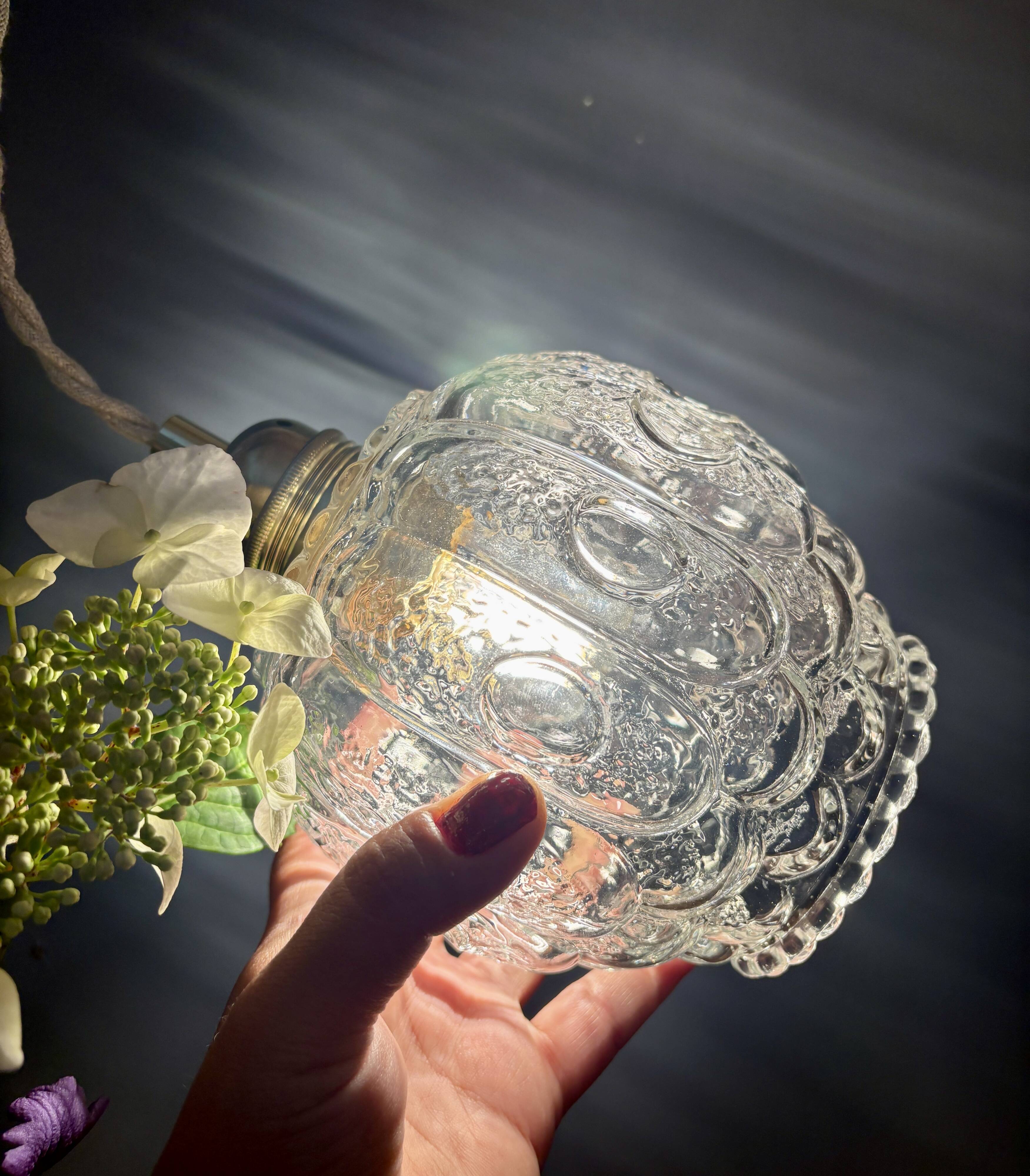 Vintage clear molded glass globe pendant light