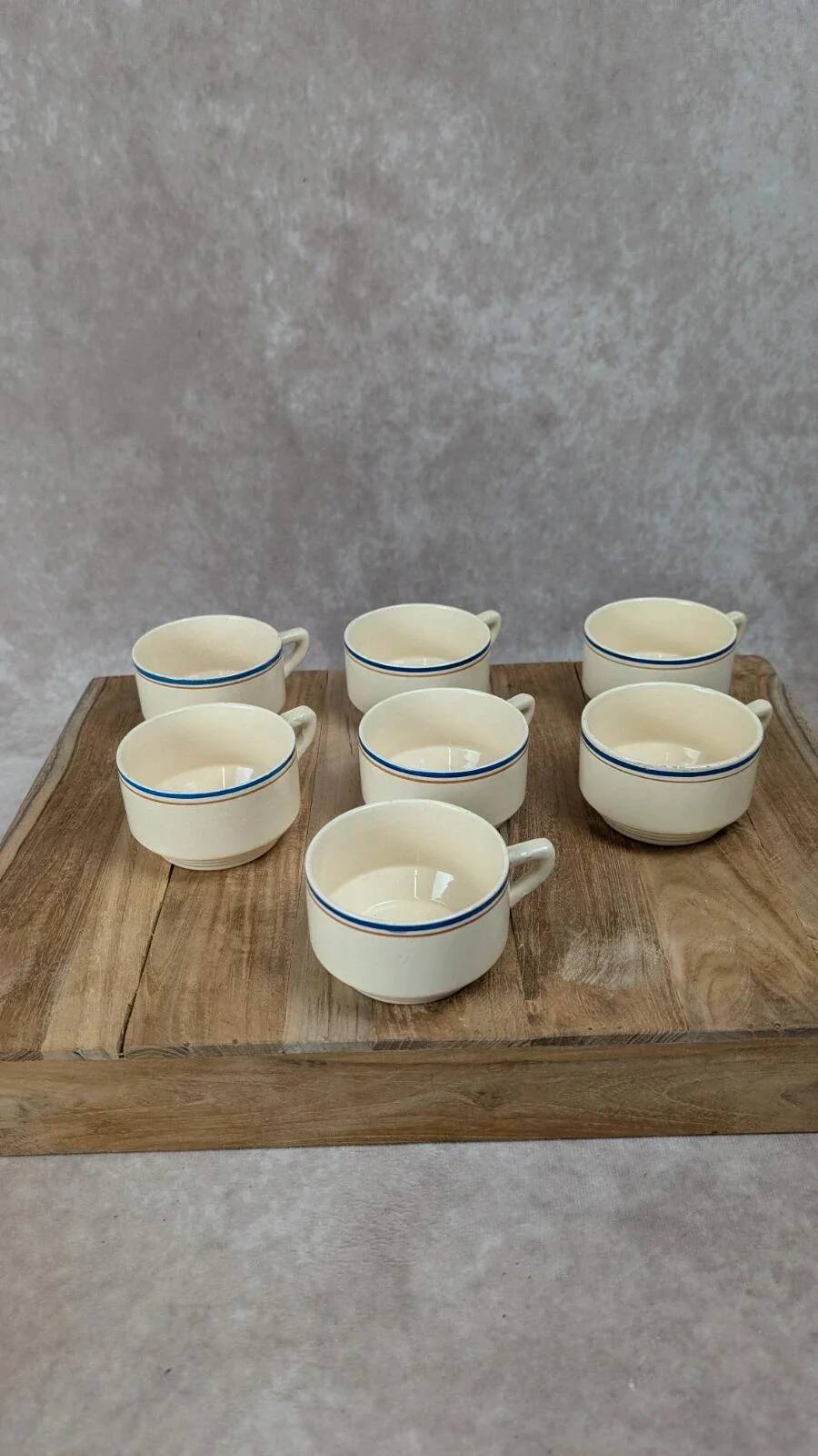 Set of 7 vintage cups Moulin des Loups – Blue and ochre trim, retro charm
