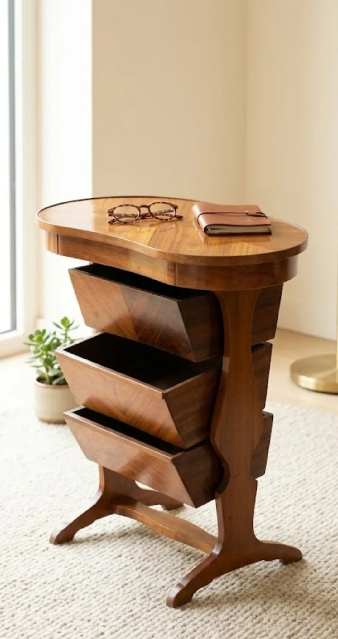 RARE Vintage 1960 Haricot Table — Marquetry & Rotating Storage