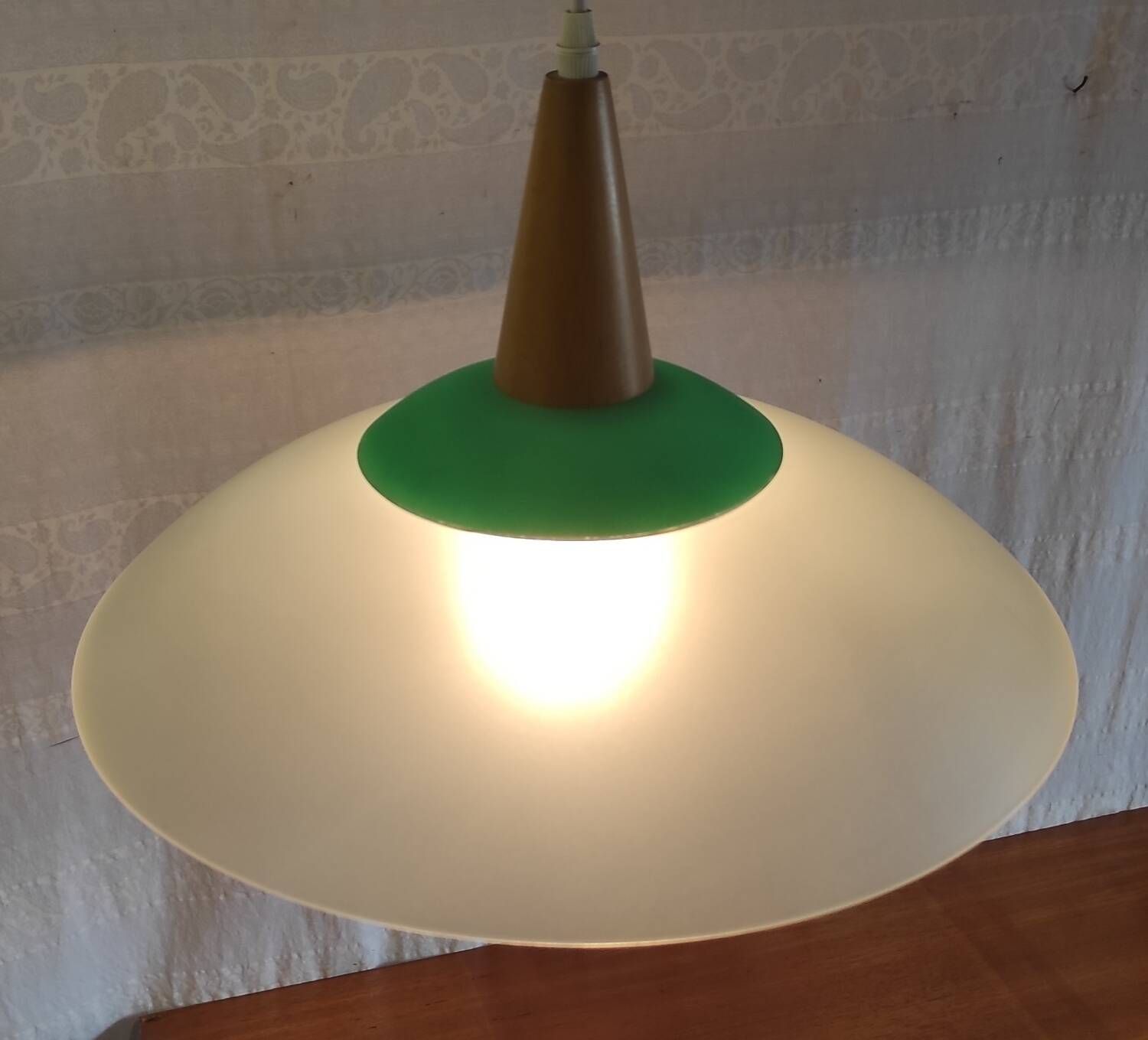 Scandinavian style pendant light in glass and wood - late 20th century