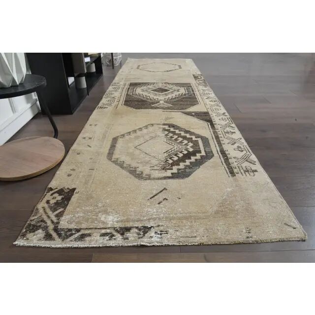 1970s Turkish Oushak handmade wool cotton beige runner rug 96x331