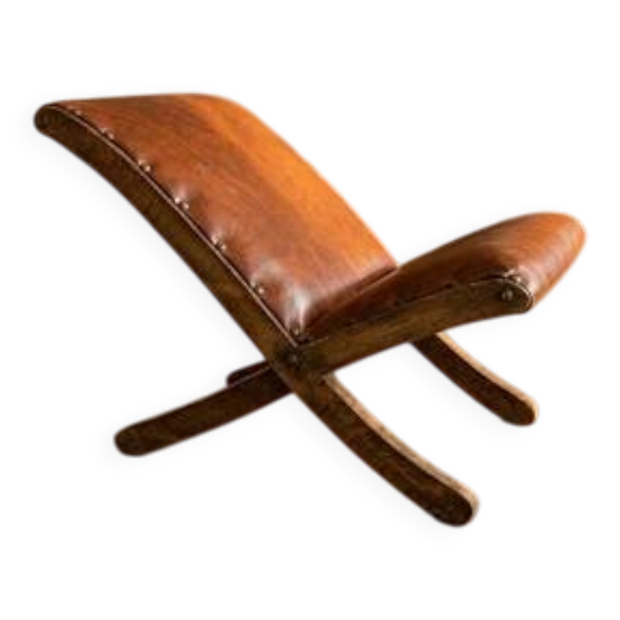 Old retro footstool, mid-century wooden leather stool, mid 20th century, European