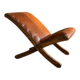 Old retro footstool, mid-century wooden leather stool, mid 20th century, European