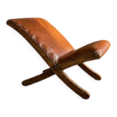 Ancien repose-pieds rétro, tabouret en bois et cuir des années 50, milieu du 20e siècle, européen