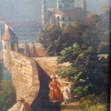 Grande peinture à l'huile sur toile d'une vue de Salzbourg du 19ème siècle