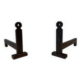 Pair of Minimalist Modernist Wrought Iron Chenets with Torch Holders in Nut Design