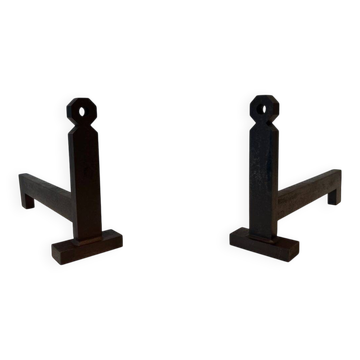 Pair of Minimalist Modernist Wrought Iron Chenets with Torch Holders in Nut Design