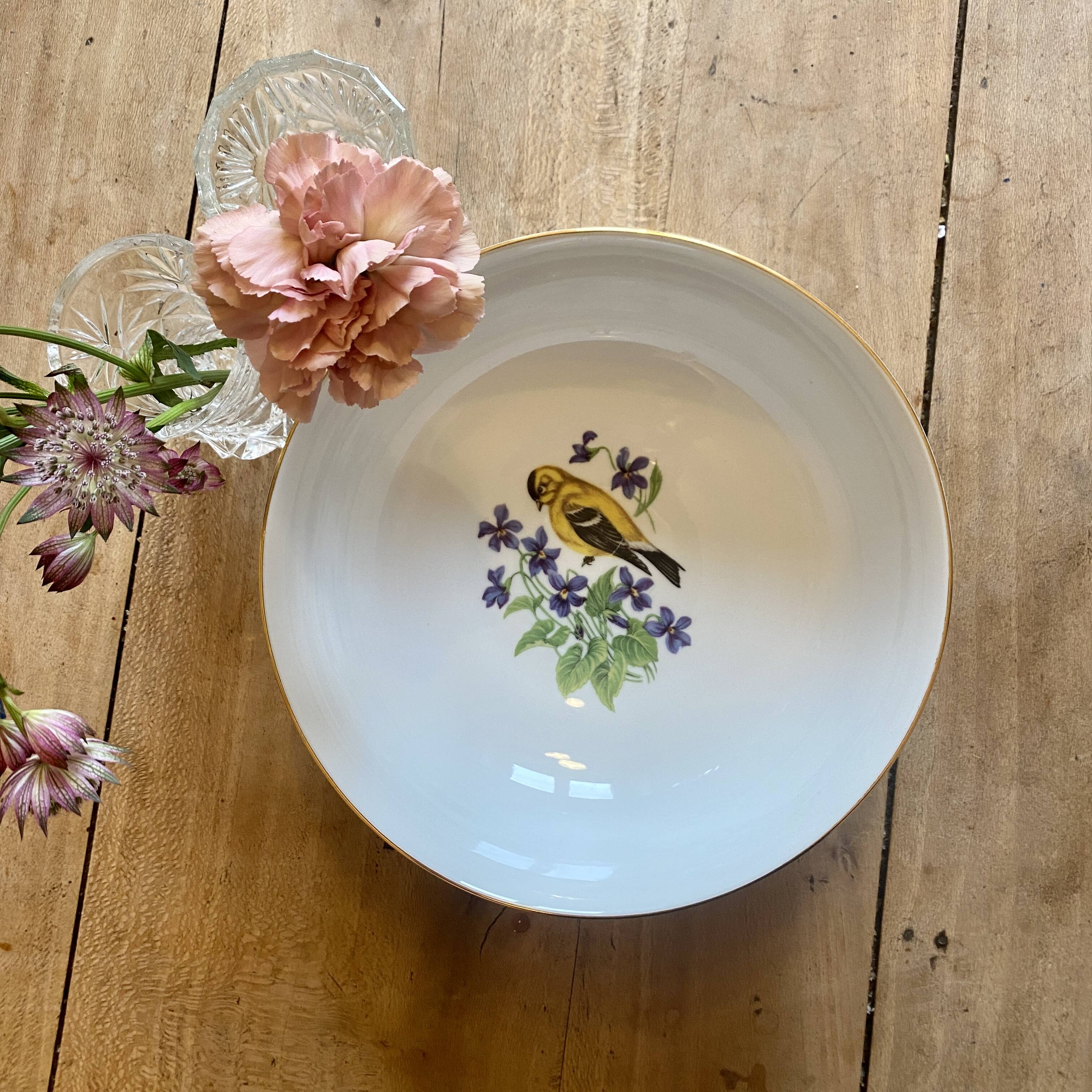Vintage porcelain salad bowl - bird and flower decorations