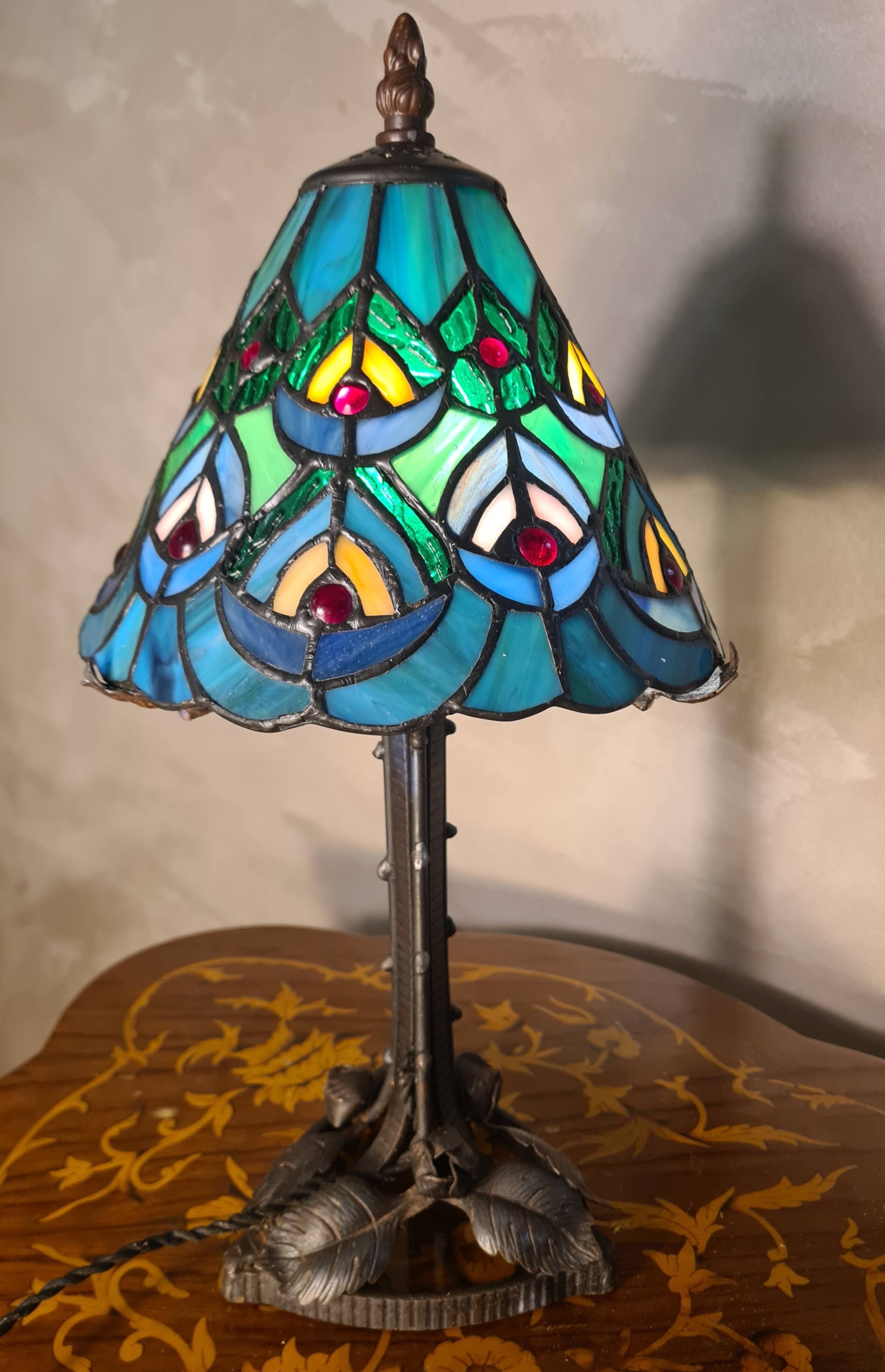 antique wrought iron floor lamp, 1900 to 1940 with stained glass lampshade
