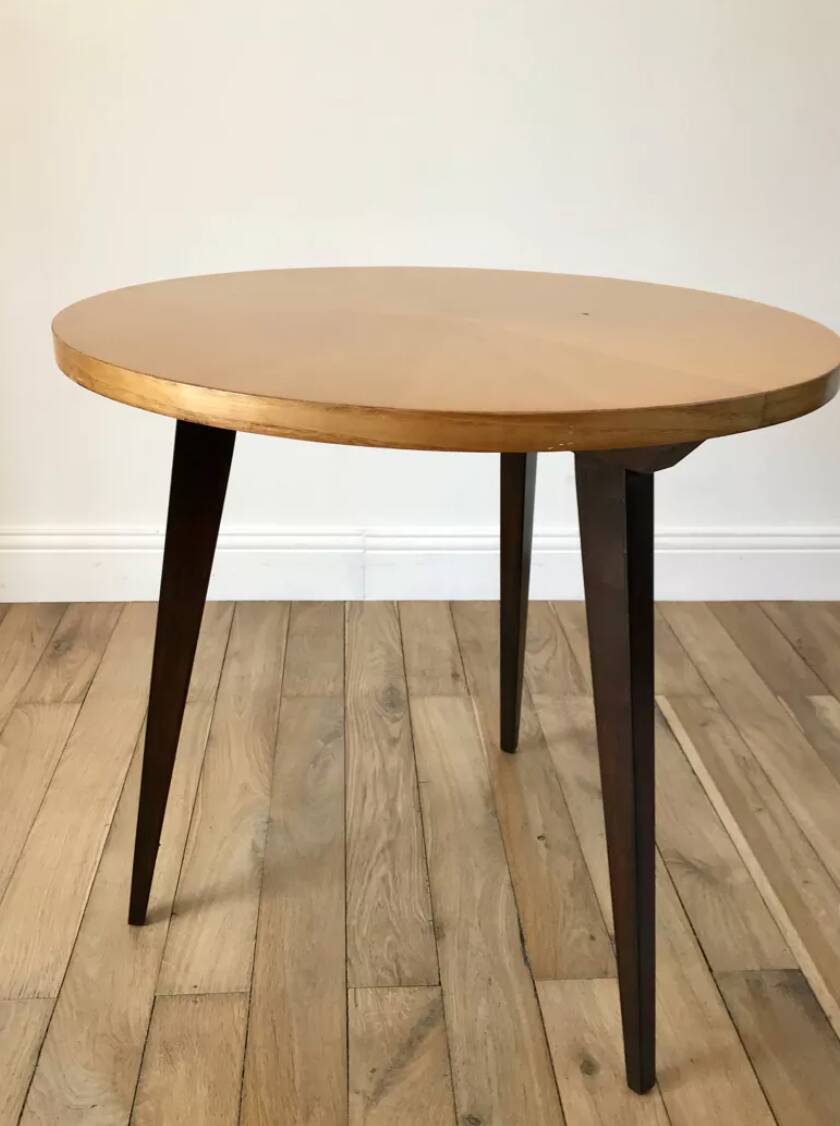 Tripod coffee table in wood and two-tone marquetry Scandinavian design 50s-60s
