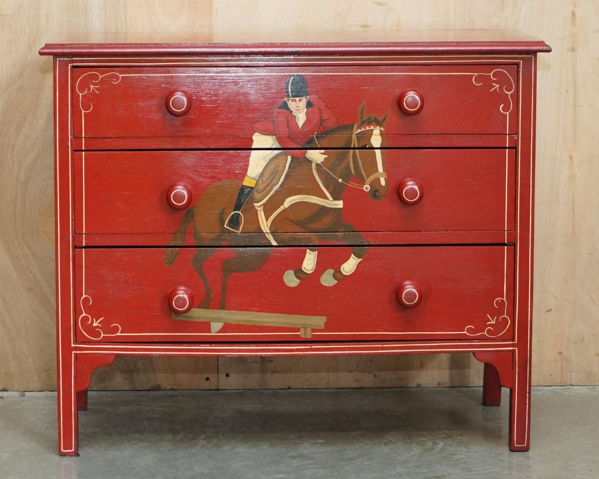 Hand-painted Victorian pine commode featuring a horse and jockey.