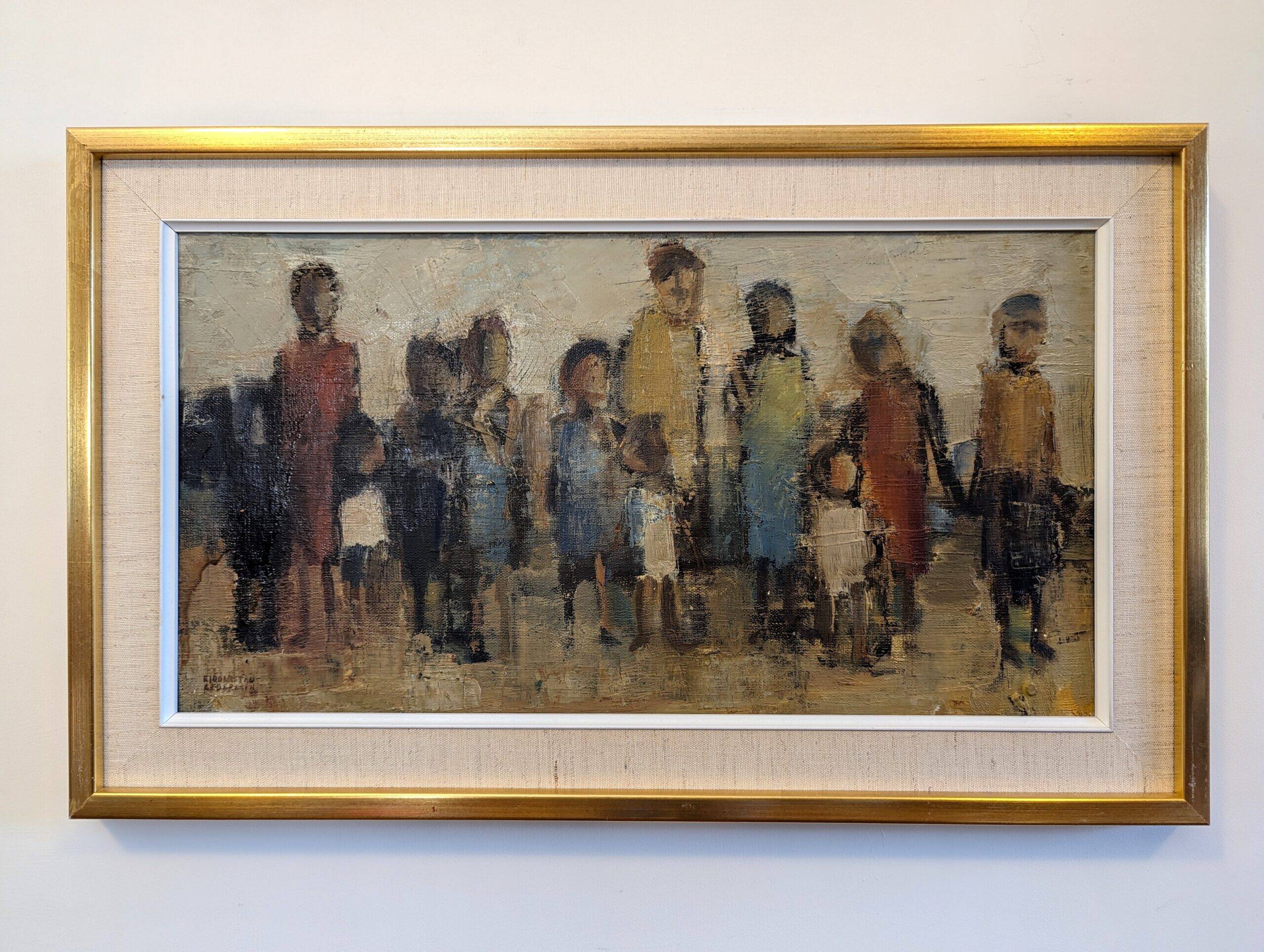 Mid-Century Modern Swedish "Assemble", Vintage Figurative Oil Painting, Framed