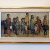 Mid-Century Modern Swedish "Assemble", Vintage Figurative Oil Painting, Framed
