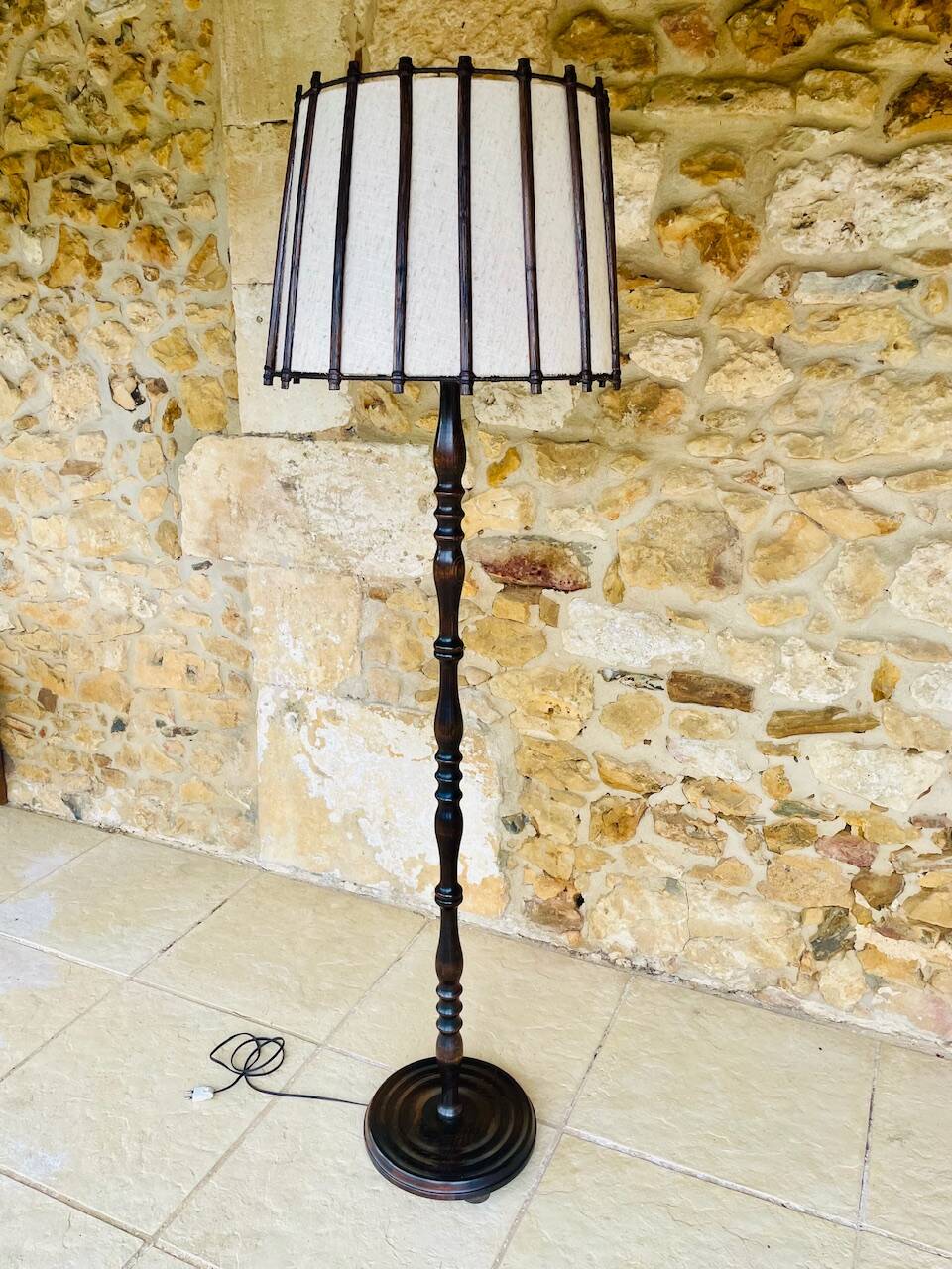 Vintage Floor Lamp Turned Wood, Bamboo Rattan Circa 1950s