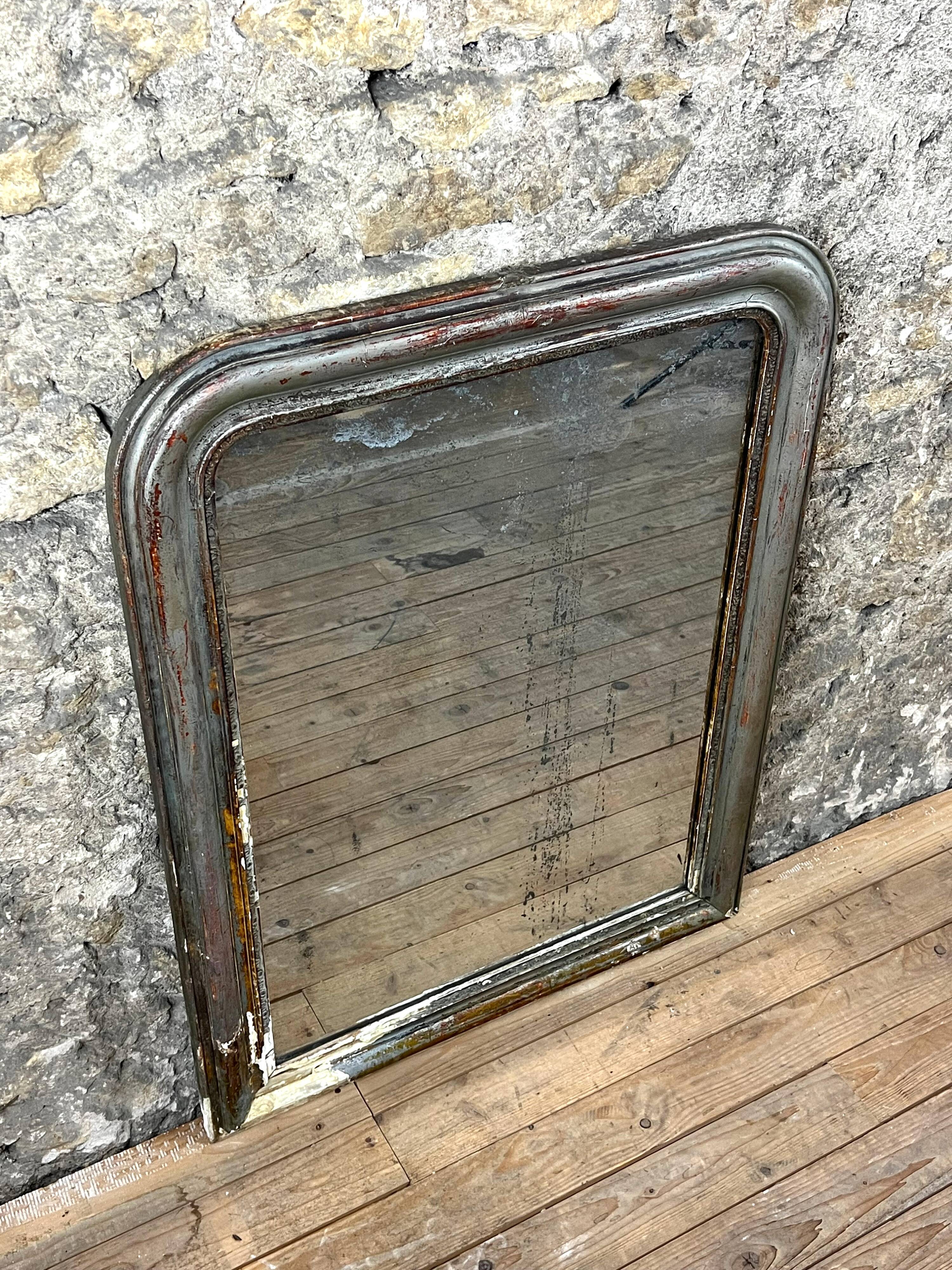 Antique Louis-Philippe Mirror, 19th Century, Shabby Silver Patina