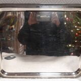 Silver-plated service tray with handles, neoclassical decoration.