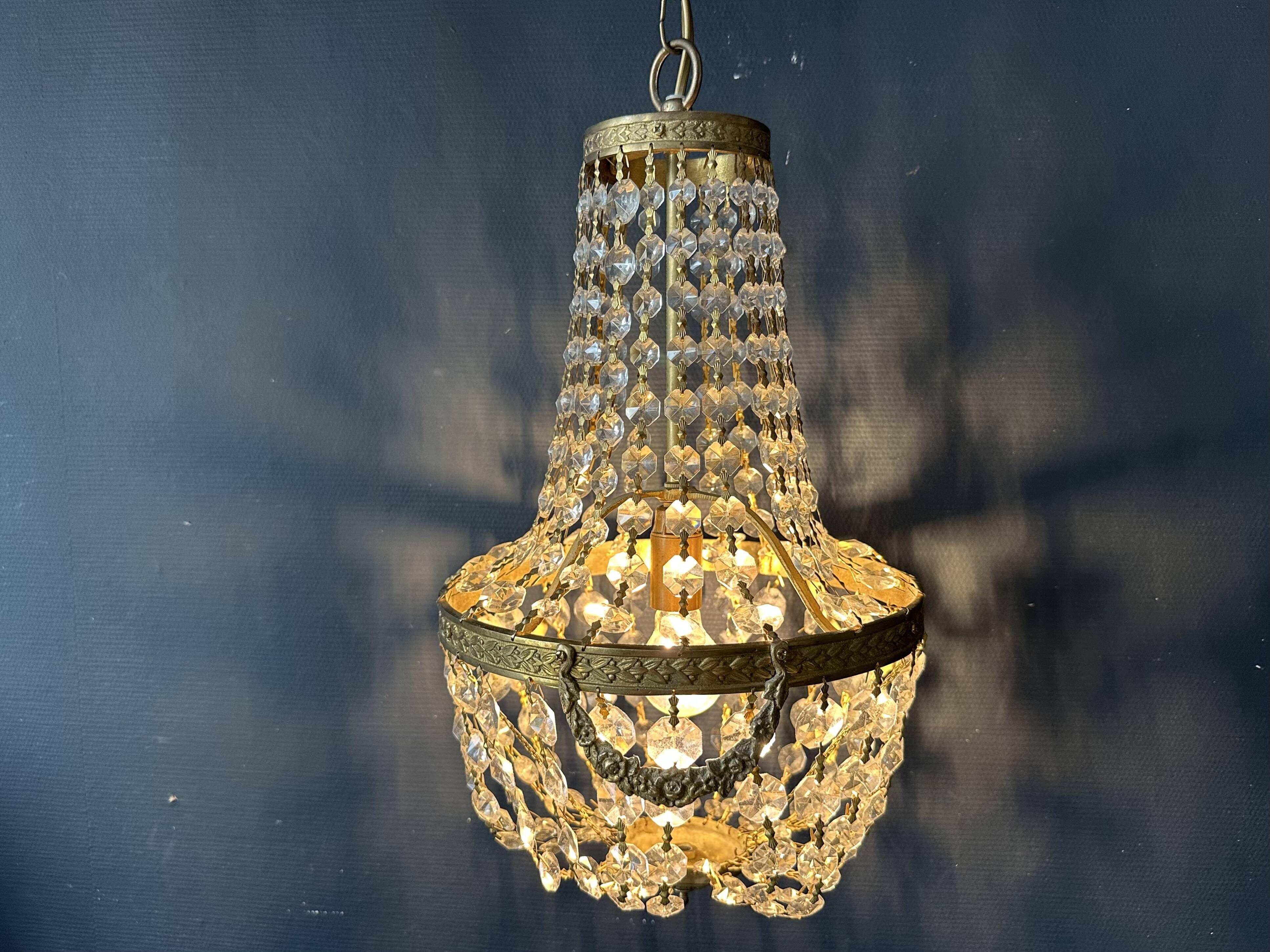 Golden bronze hot air balloon chandelier with glass pendants, mid-20th century.