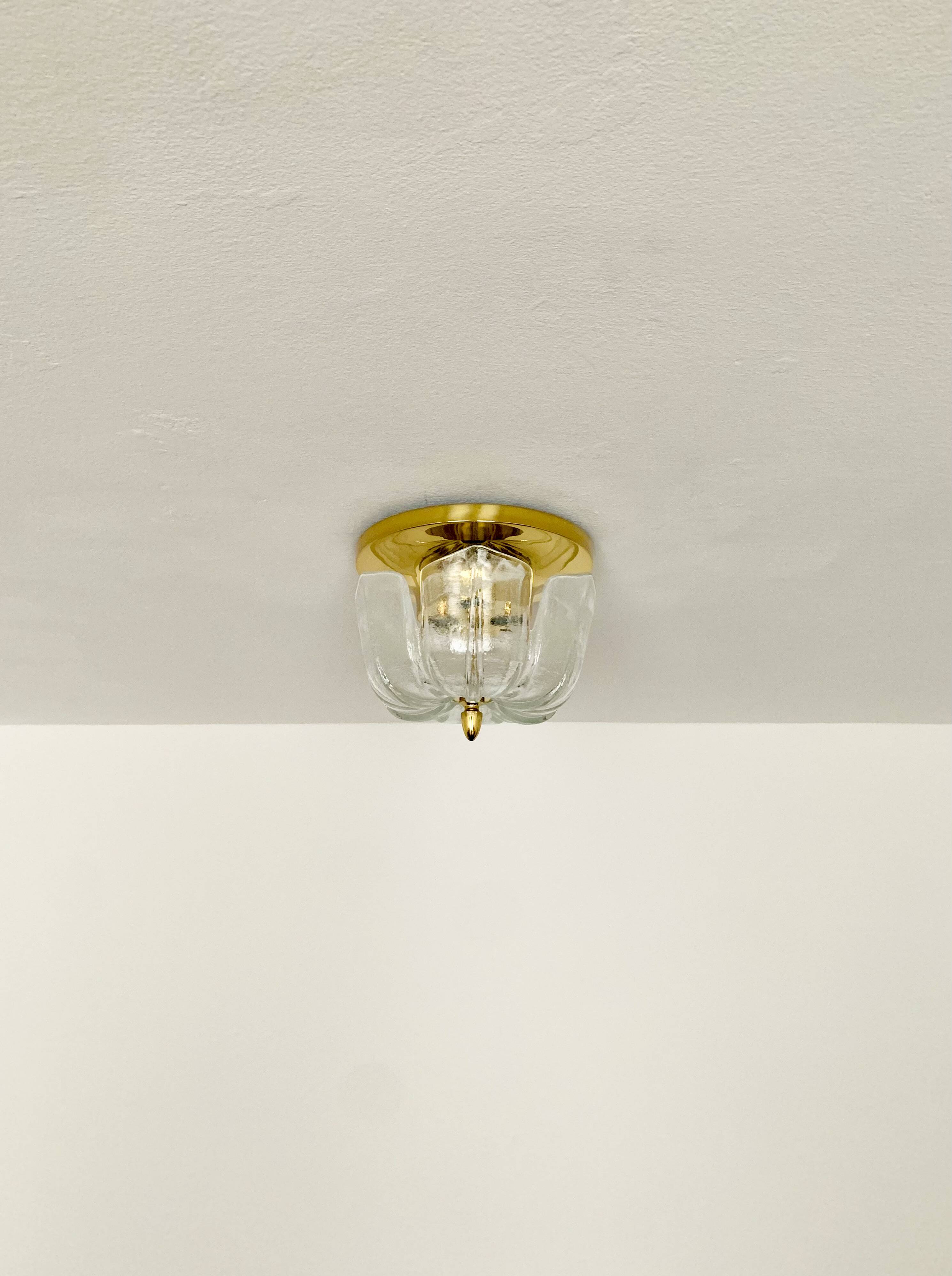 1 of 2 Large Brass and Floral Ice Glass Flush Light by Glashütte Limburg