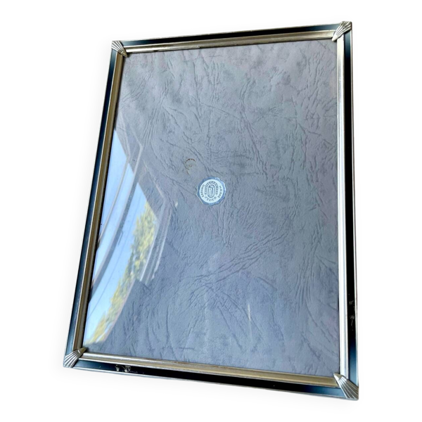 Cadre art déco vintage en métal argenté 24,5 cm x 19 cm verre convexe