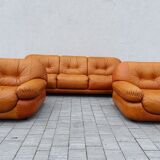 Canapé et fauteuils en cuir cognac par Sapporo pour Mobil, Italie