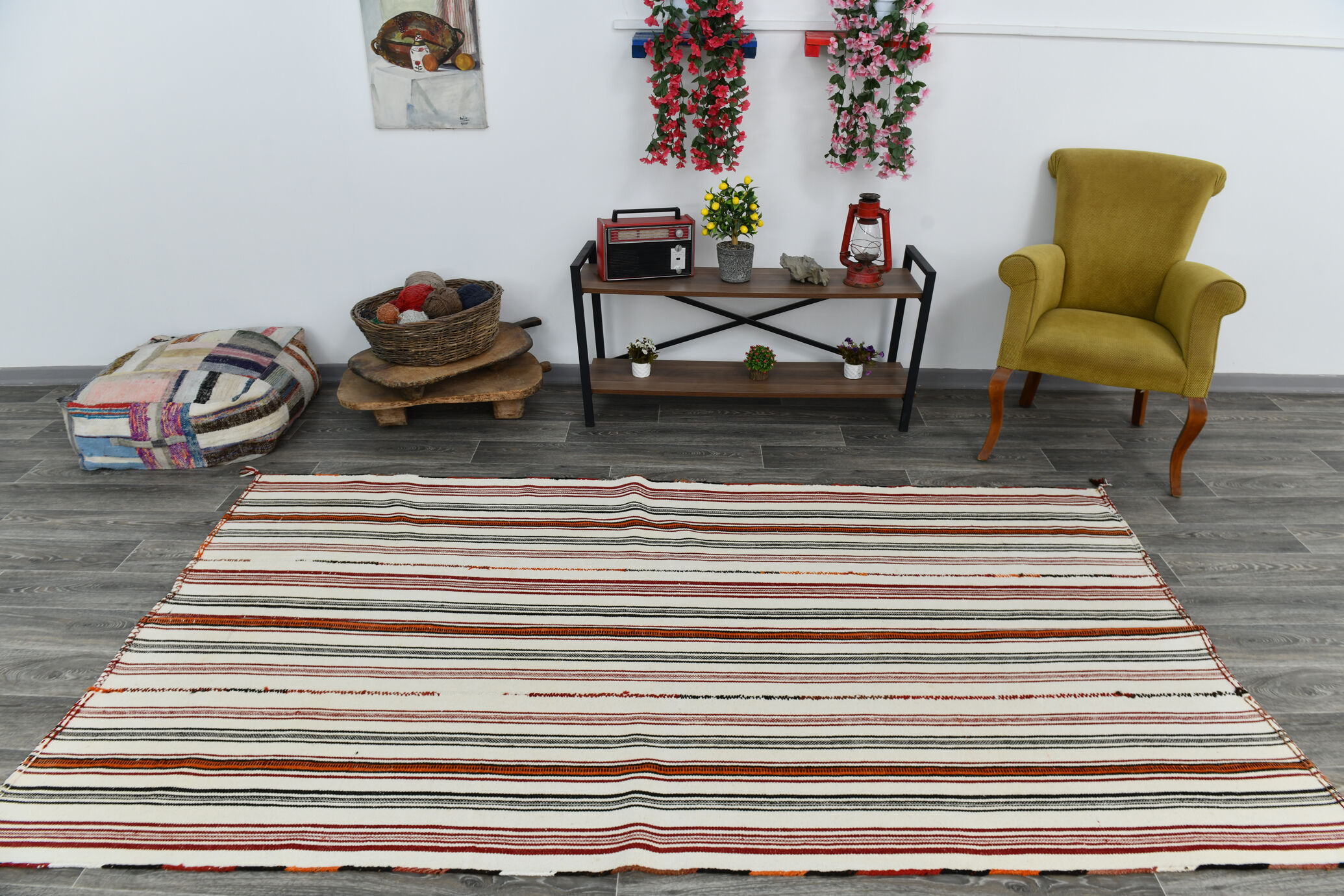 5x9 modern striped hemp rug, 148x269cm