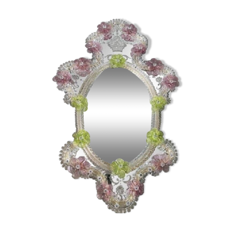 2000s Venetian Oval Green and Pink Floreal Hand-Carving Mirror in Murano Glass Style