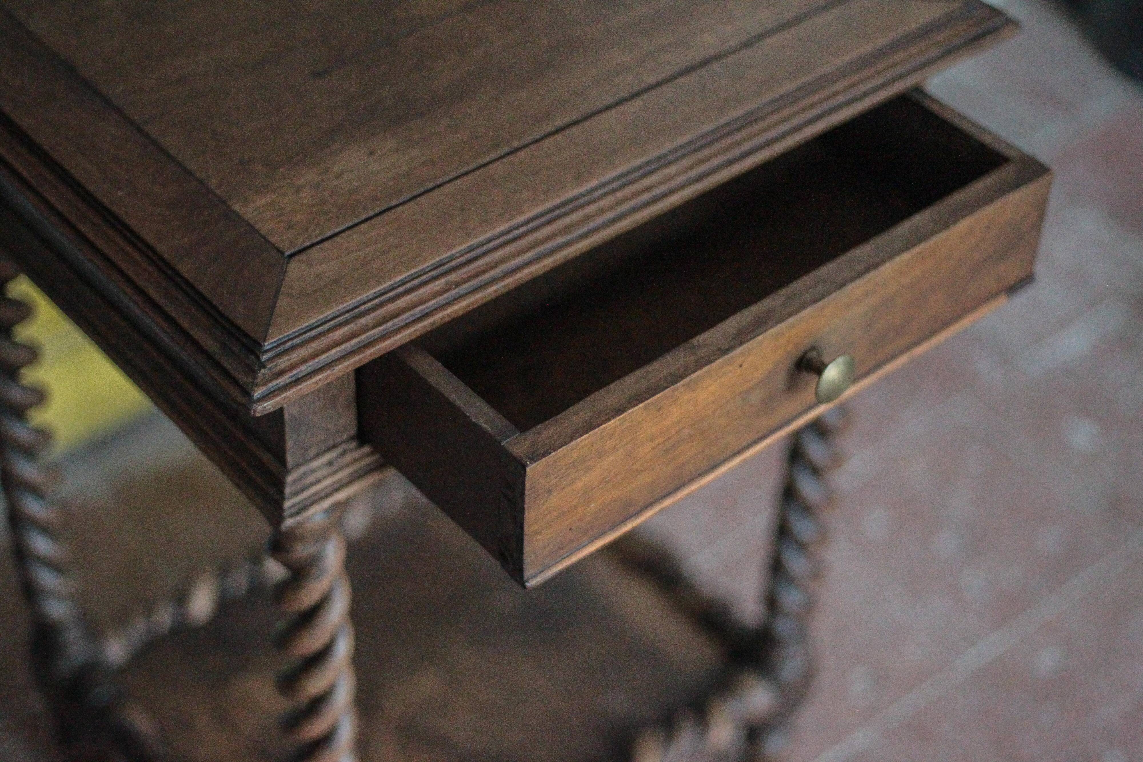 Antique turned wood bedside table with drawer, side table, nightstand