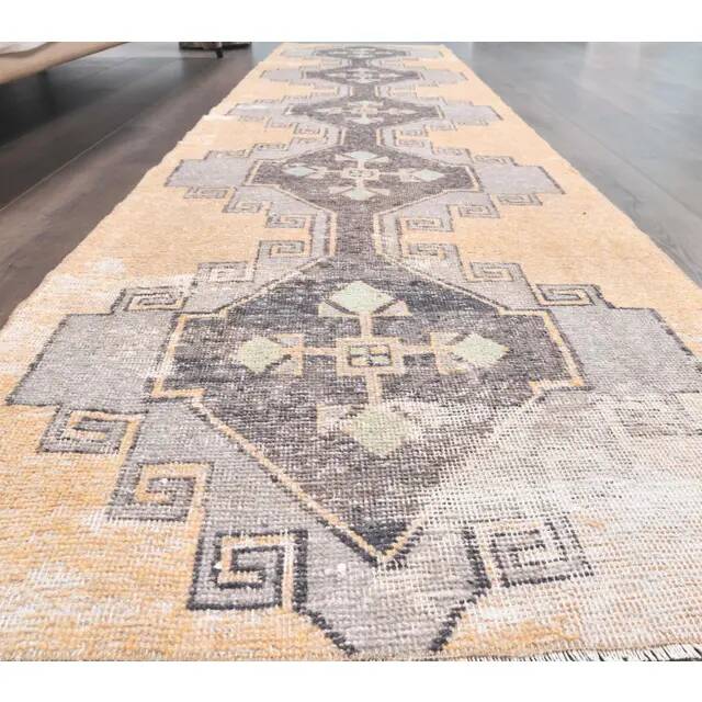 Natural Vintage Geometric Turkish Hand-Knotted Runner Rug 80x341