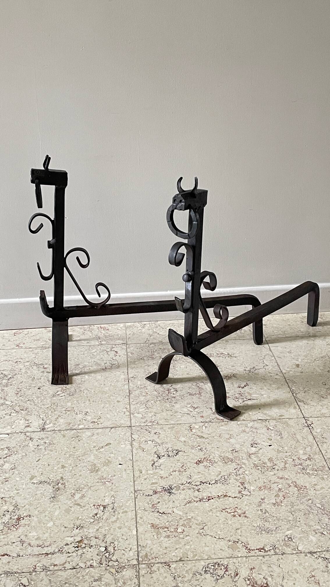 Pair of vintage steel brutalist andirons