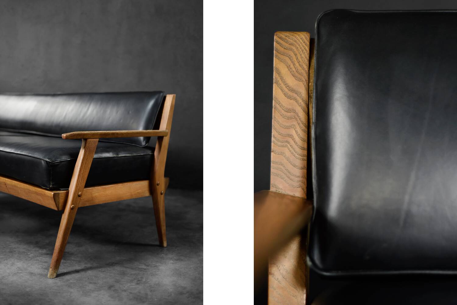 Vintage Mid-Century German Modern Oak & Black Leather Sofa, 1960s