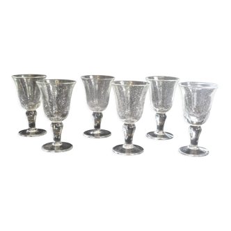 Set of 6 glasses Biot with stem, white bubbled glass, H 15.8 cm