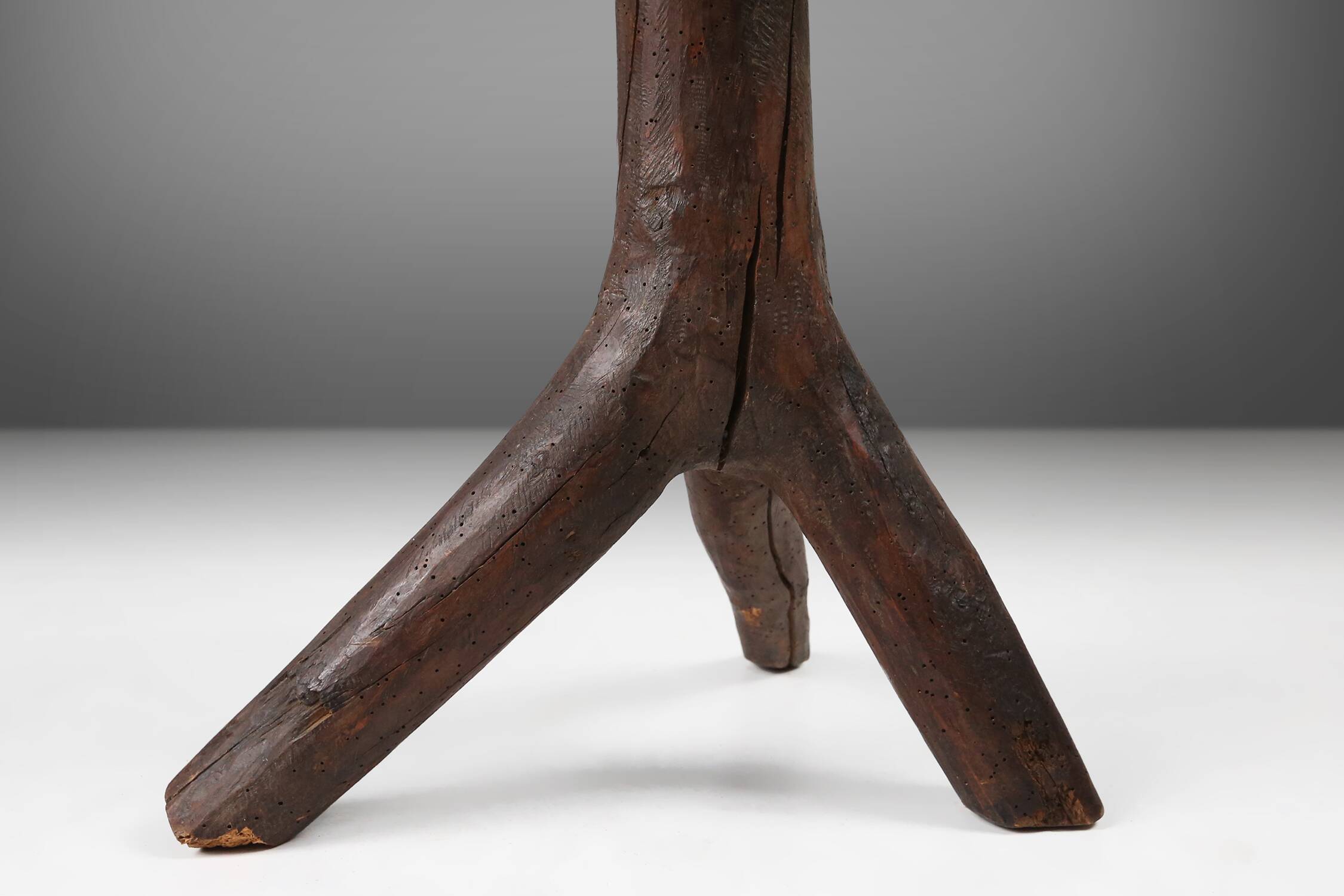 Rustic mid-century wooden stool with legs made of a tree branch, France, 1850