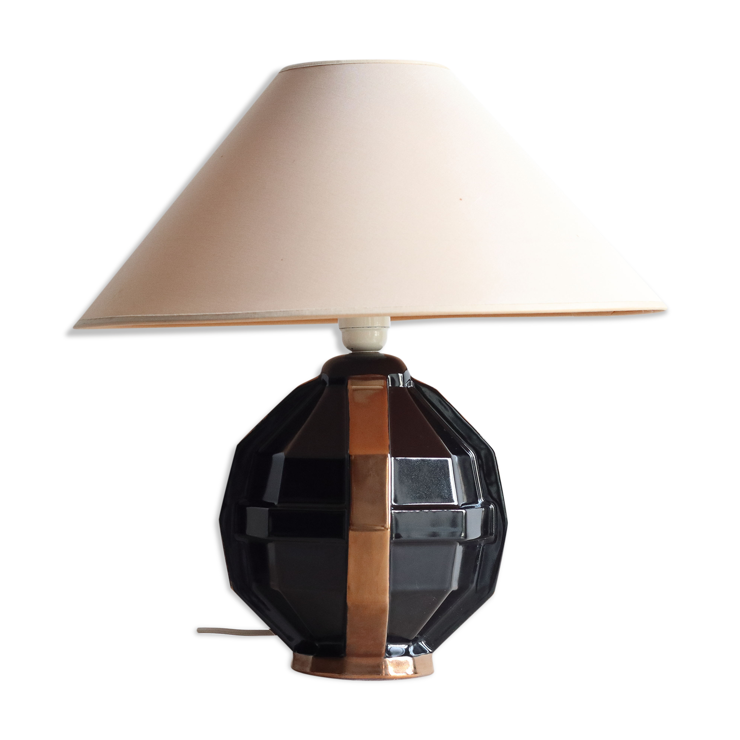 Lampe de bureau art déco en céramique noire et cuivrée signée Saint Clément