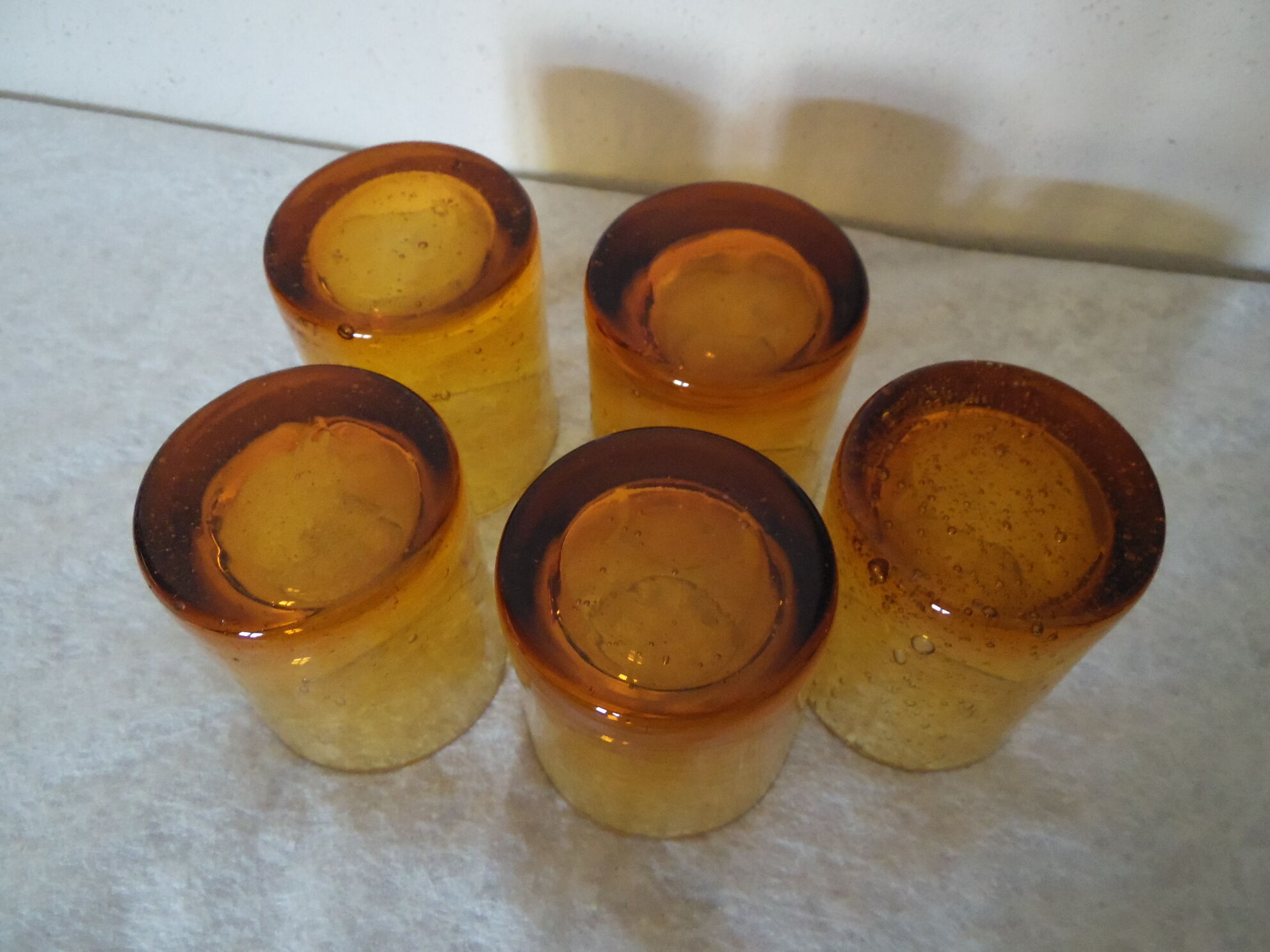 5 glasses of water blown glass bubbled amber amber