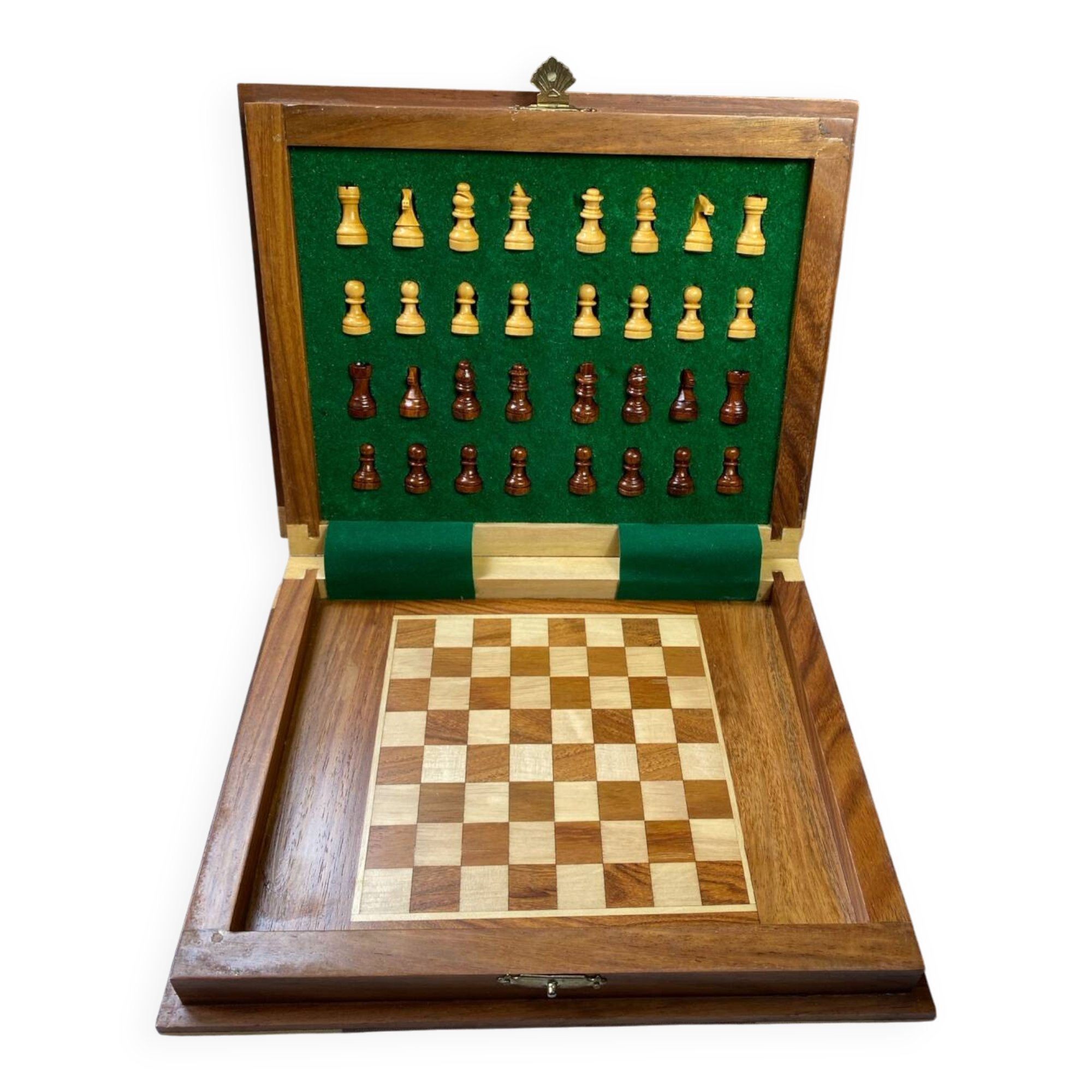 Wooden travel chess set, marquetry board
