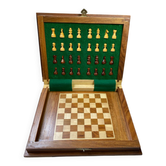 Wooden travel chess set, marquetry board