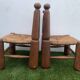 Pair of antique low fire chairs made of wood and straw