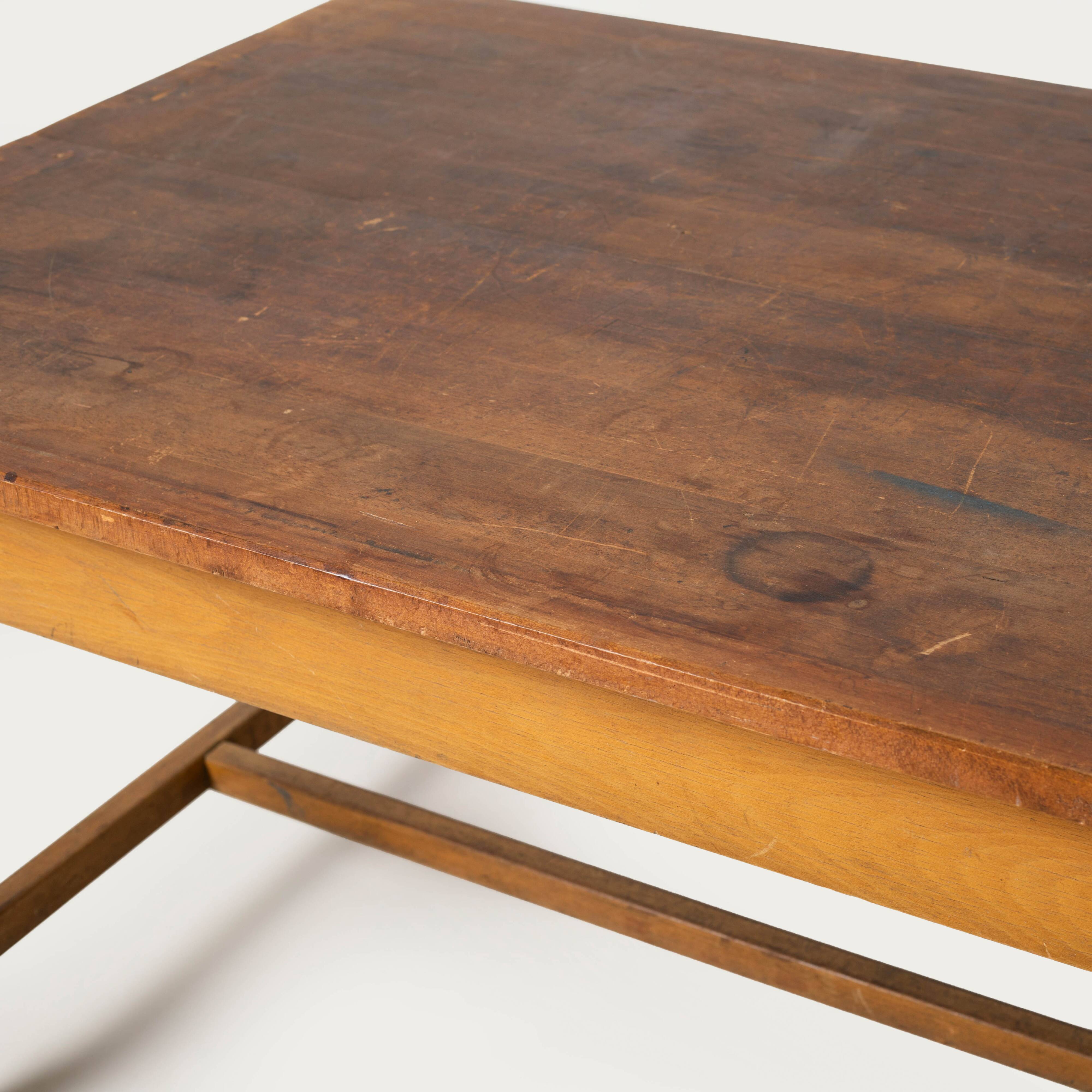Large work / industrial / farm table, patinated wood, Czechoslovakia