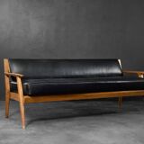 Vintage Mid-Century German Modern Oak & Black Leather Sofa, 1960s