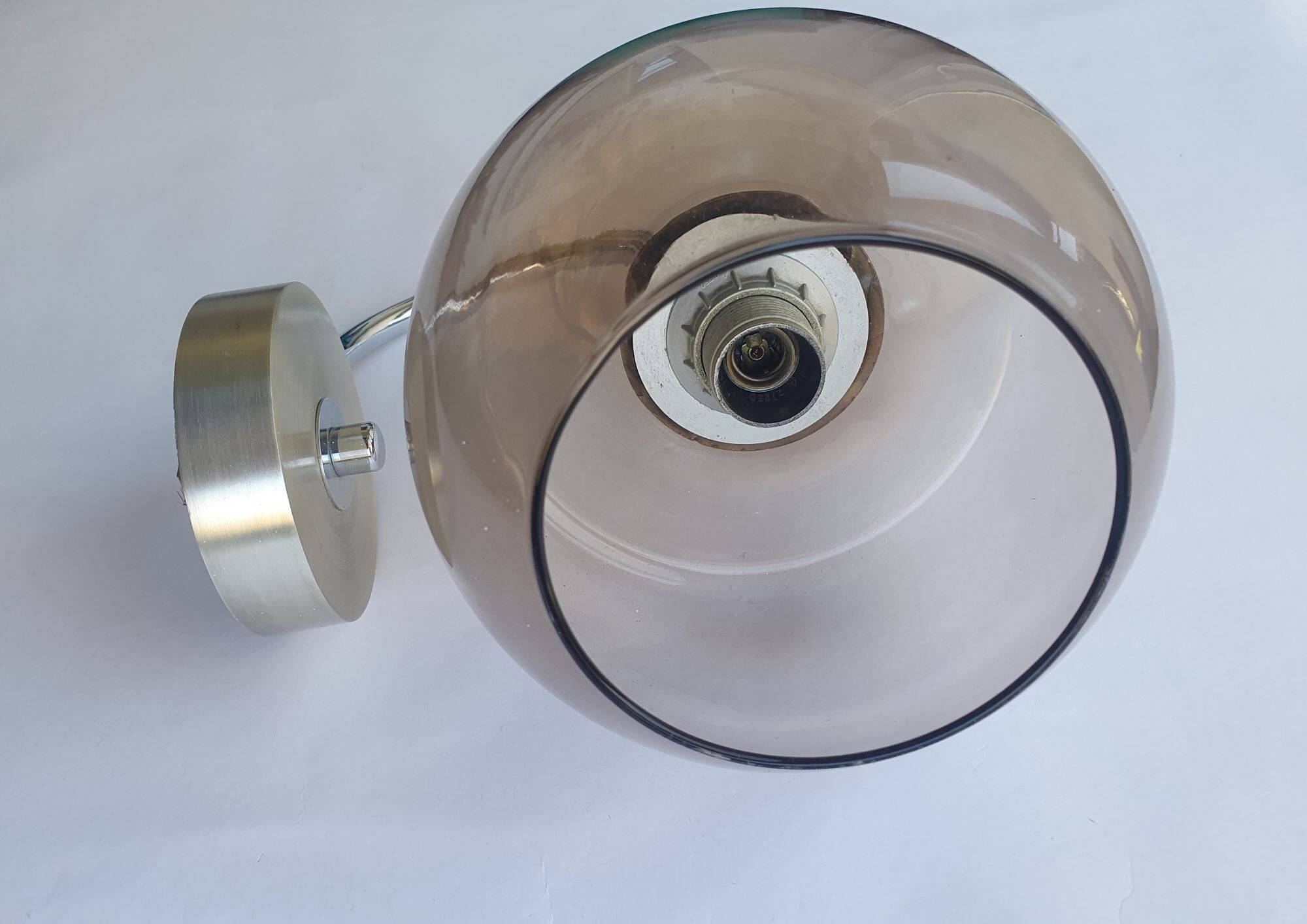 Pair of chrome metal and smoked glass wall lights from the 80s